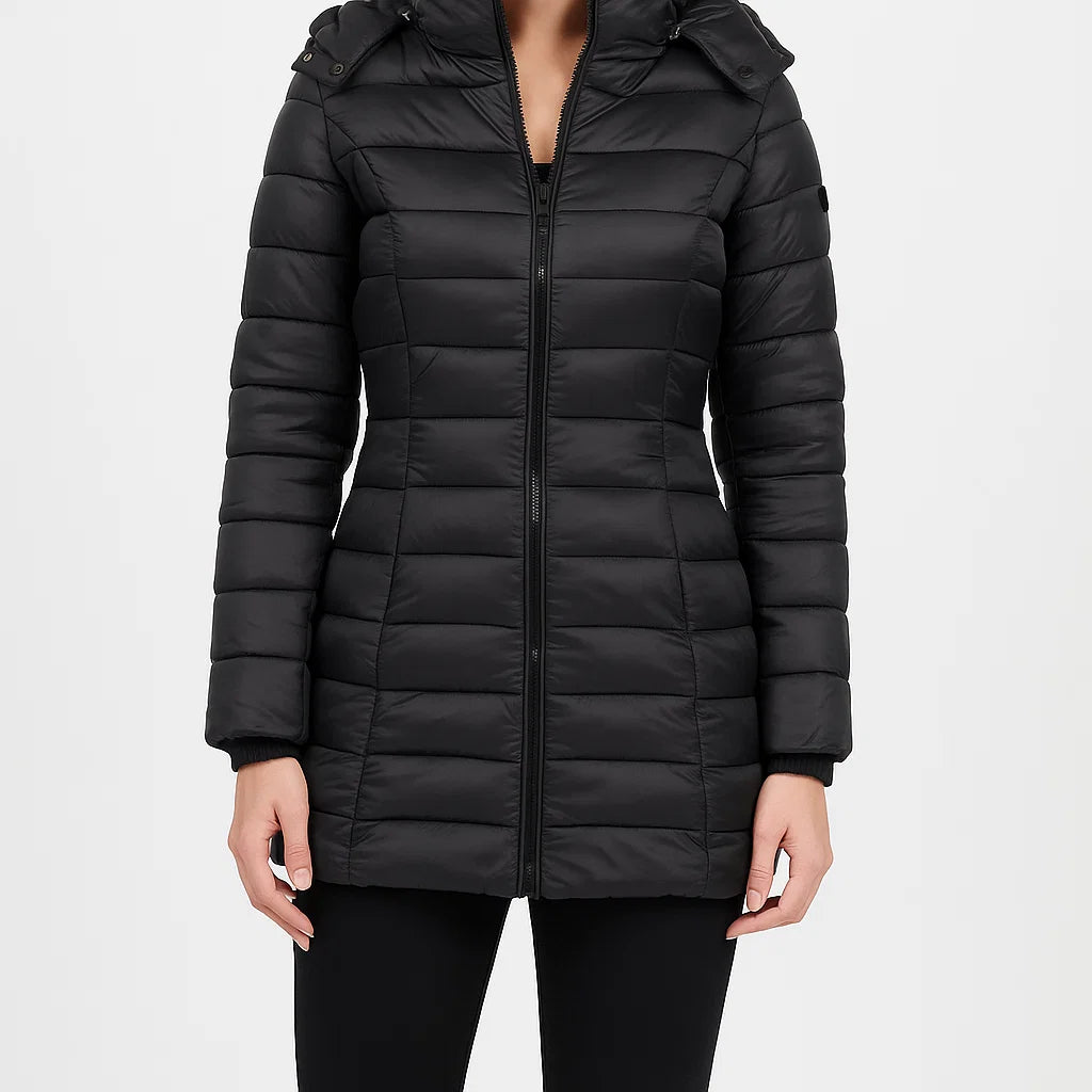 Pikowany płaszcz damski z kapturem, lekki i ciepły na zimę