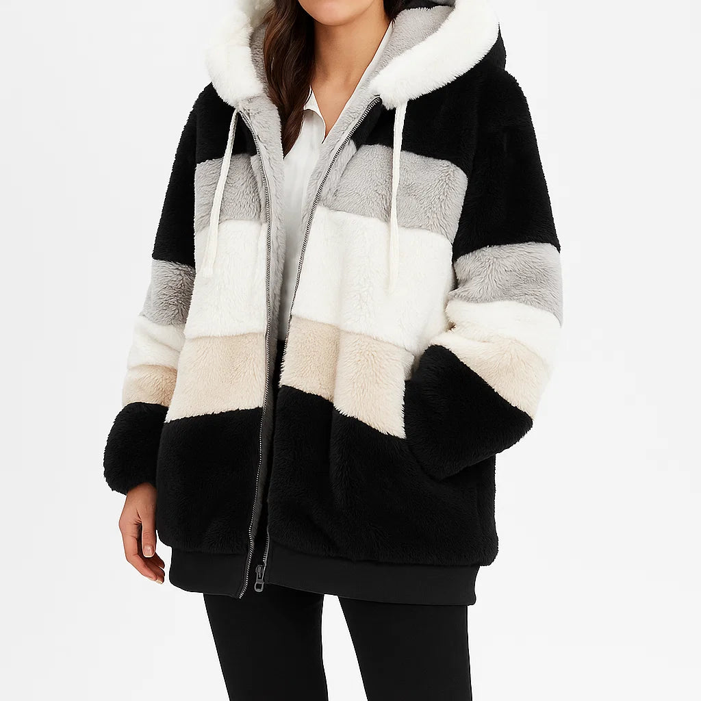 Damski płaszcz zimowy z kapturem, futrzany, ciepły