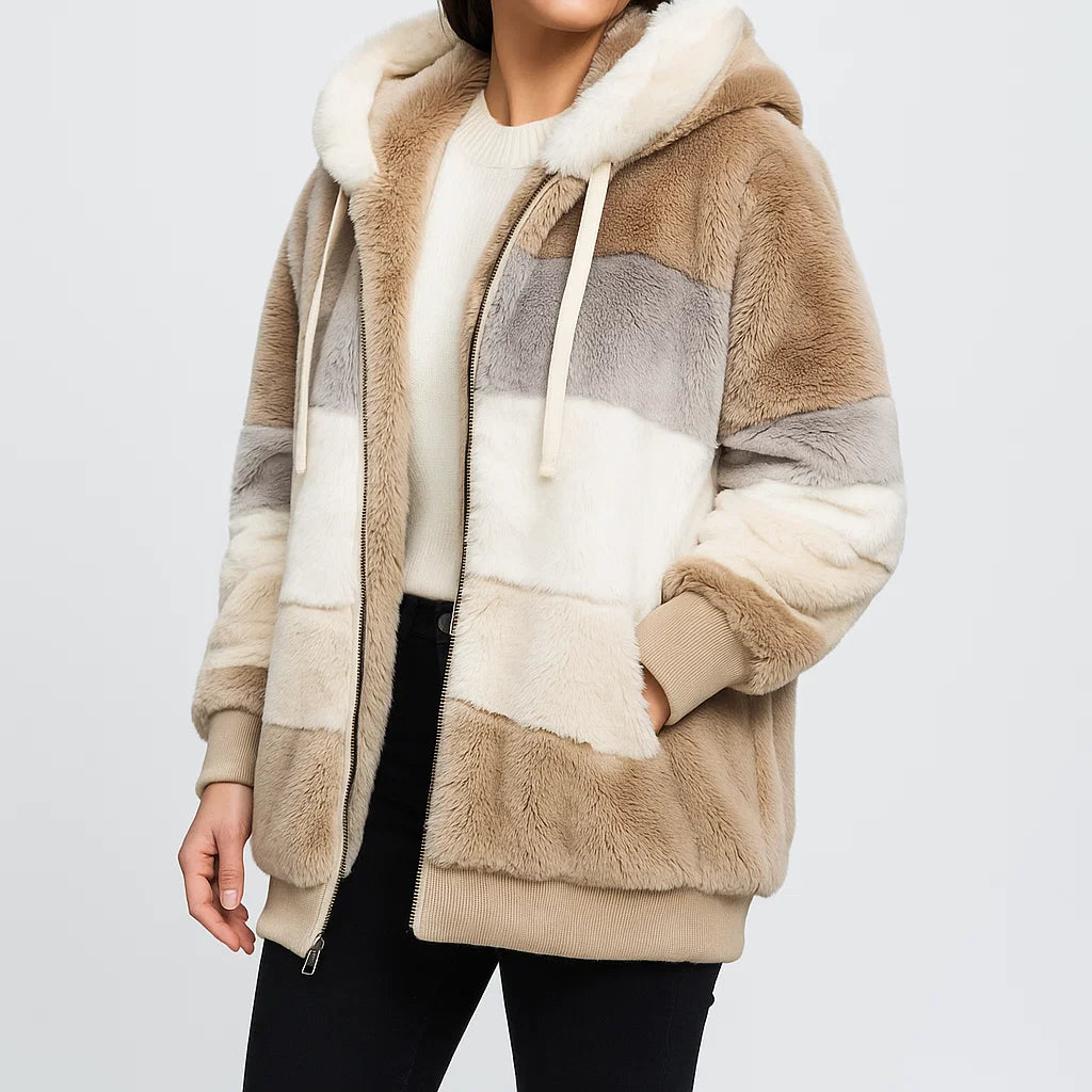 Damski płaszcz zimowy z kapturem, futrzany, ciepły