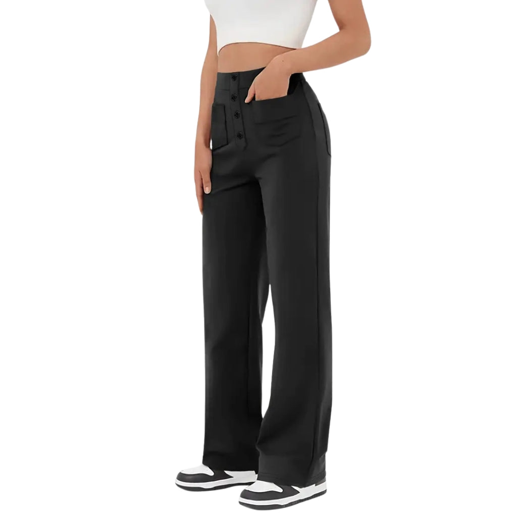 Damskie Spodnie z Wysokim Stanem i Prostą Nogawką z Kieszeniami