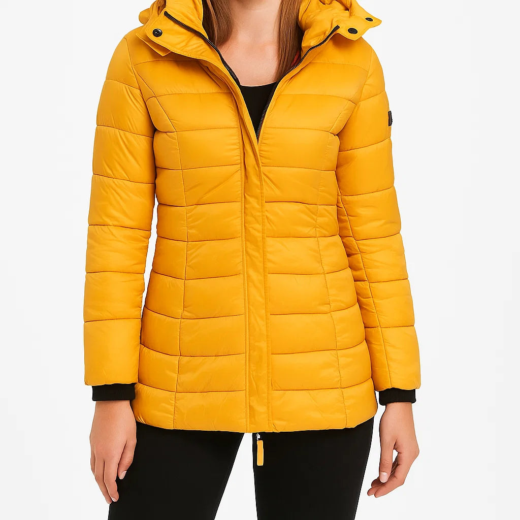 Pikowany płaszcz damski z kapturem, lekki i ciepły na zimę