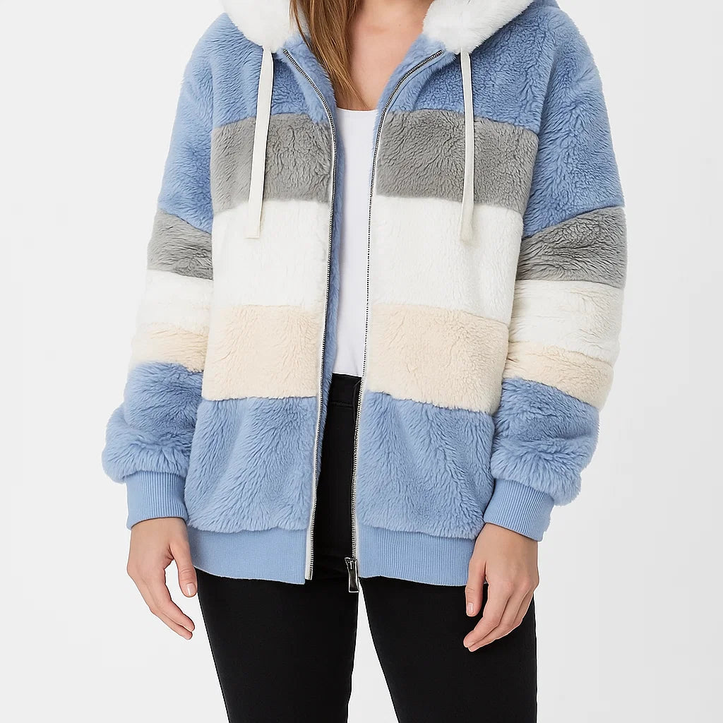 Damski płaszcz zimowy z kapturem, futrzany, ciepły